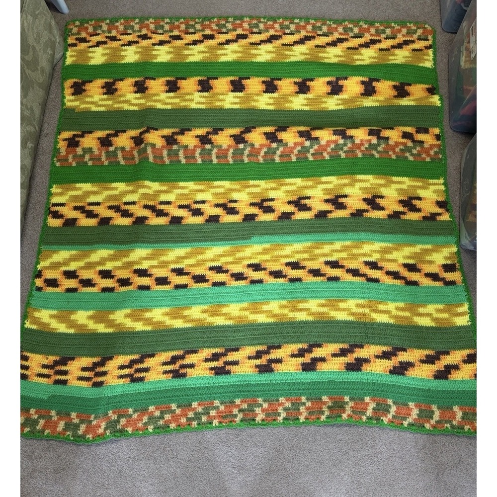 Crochet Afghan Throw Lap Blanket Great Condition 54"x 50" Green Orange Brown